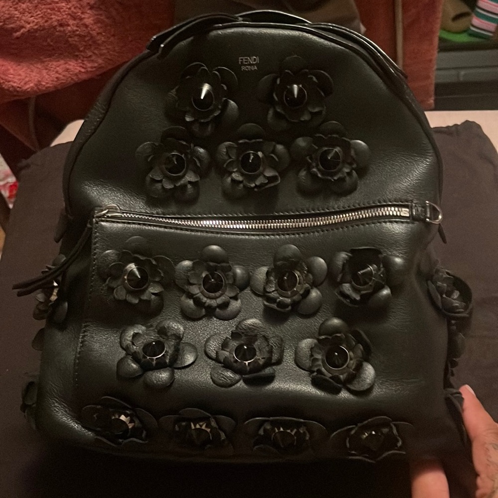 FENDI Vitello Dolce All Over Flowerland Large Backpack Black